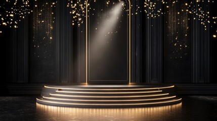 Elegant dark stage with golden podium and spotlight, ideal for product display or award ceremony.