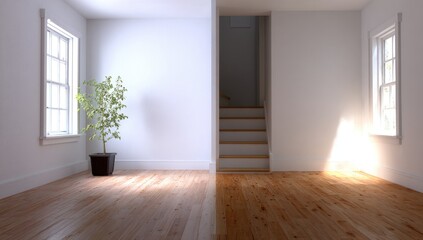 Obraz premium Empty room with stairs and plant, bright sunlight