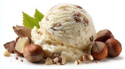 Vibrant photo of creamy vanilla ice cream with hazelnuts and mint leaves.