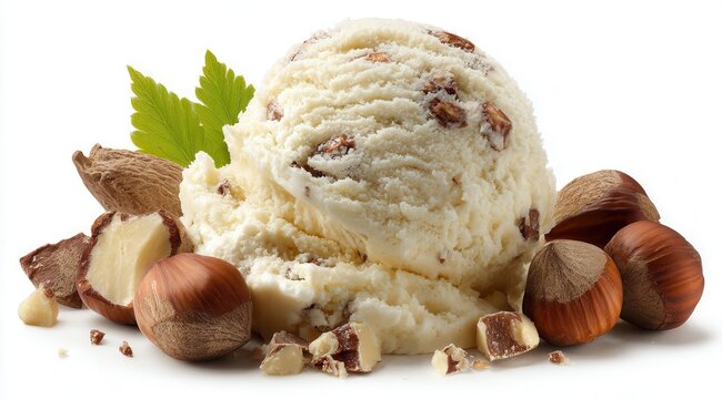 Vibrant photo of creamy vanilla ice cream with hazelnuts and mint leaves.