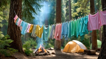 Colorful shirts drying on a clothesline in a serene forest camp setting during a sunny day