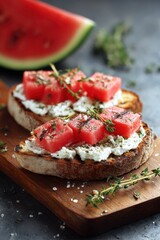 Watermelon Recipe. Creative and Healthy Breakfast Idea: Watermelon and Cheese Toasts with Fresh Thyme