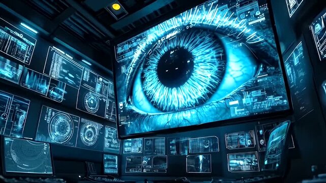 Multiple screens displaying complex data and a detailed eye graphic.