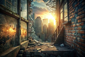 Post-Apocalyptic City Ruins at Sunset