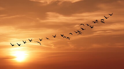 Birds migrating perfect V formation against warm sunset sky seasonal wildlife behavior in wide open...