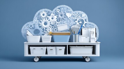 Organized office supplies on a cart with a cloud of gears symbolizing data and systems