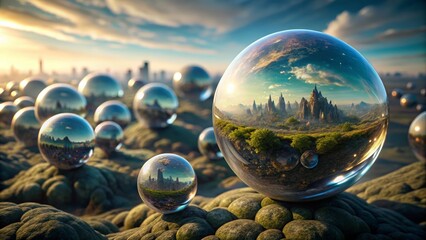 Reflected Cityscape in Glass Orbs