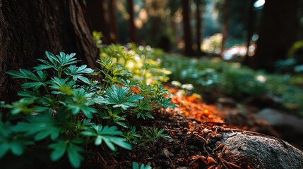 Fototapeta premium Lush greenery thrives at the base of a forest giant