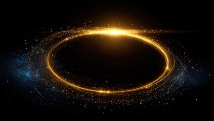 Golden glowing oval frame on black background with glittering particles
