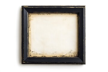 Square black picture frame with antique look and paper on a pure white background