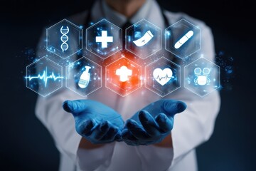 Doctor in Lab Coat with Medical Icons Floating Above Hands Representing Healthcare Technology