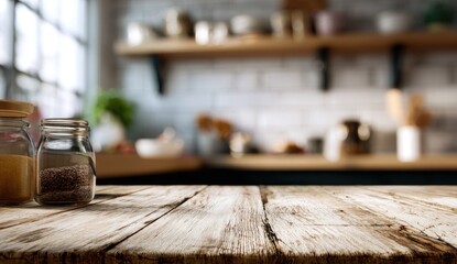 Wooden table top in front of a blurred kitchen (2)