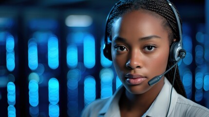 Professional woman with headset engaged in customer support inside a modern data center at night