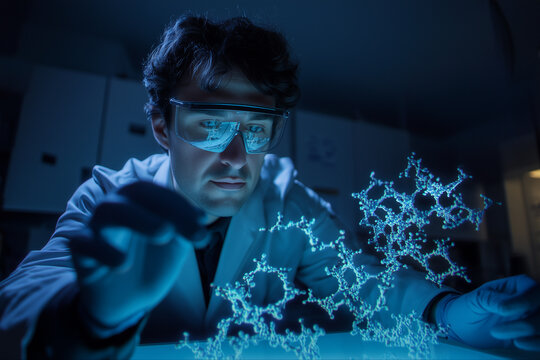 Scientist working with glowing molecular model
