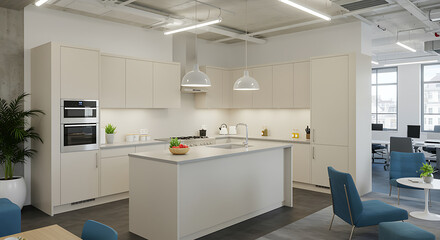 Modern office kitchen area with stylish island and comfortable seating for collaborative breaks
