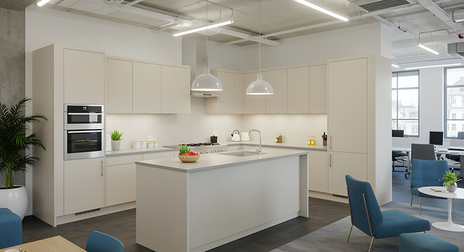 Modern office kitchen area with stylish island and comfortable seating for collaborative breaks