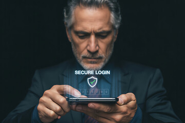 Man using smartphone with security shield icon overlay
