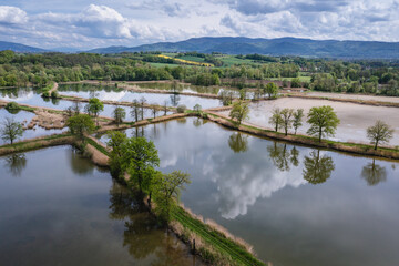 Fototapeta premium Drone photo of fishponds in Miedzyrzecze Gorne village in Silesia, Poland