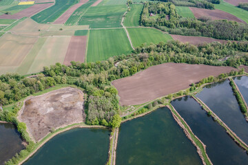 Aerial drone photo of fishponds in Miedzyrzecze Gorne village in Silesia, Poland