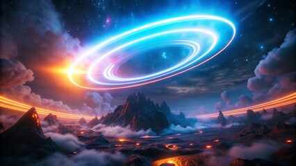 Futuristic Landscape with Glowing Rings