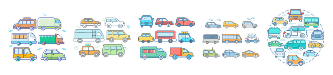 Fototapeta premium Collection of colorful cartoon vehicles including cars, vans, and trucks illustration