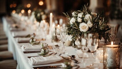 Elegant wedding reception table setting, featuring white linens, glassware, candles, and a centerpiece of white flowers and greenery