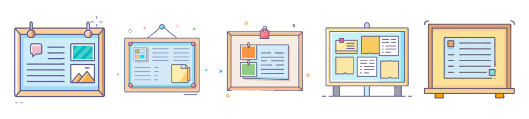 Stylized bulletin board with diverse information and a warm color palette