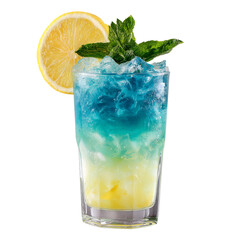 Vibrant layered blue green and yellow tropical drink with mint and lemon garnish on crushed ice transparent background