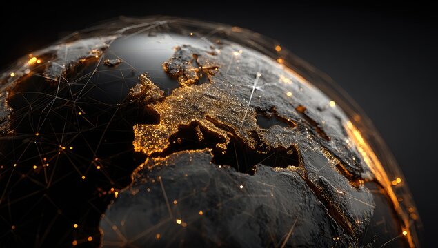 Close-up of a stylized Earth, focused on Europe, with glowing network connections