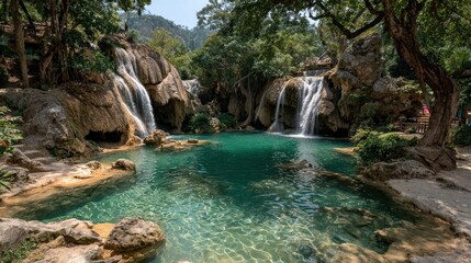 Lush waterfall cascading into a tranquil pool, surrounded by tropical foliage and rocks