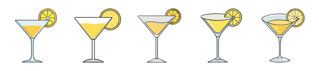 Lemon Cocktail in Martini Glass Vector Set

