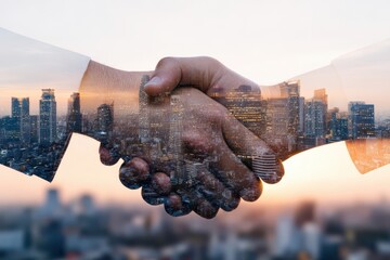 Handshake Overlayed with City Skyline at Sunset, Depicting Business Partnership and Urban Development