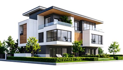 Modern three-story house, clean lines, wood & glass accents, landscaped yard