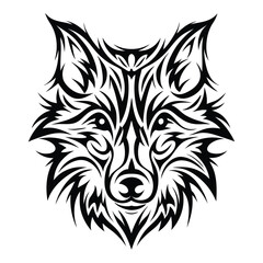 Striking wolf head showcases a fierce tribal design in bold black lines