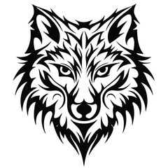 Tribal wolf head displays an intricate pattern in black ink upon the white background