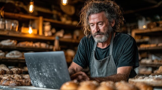 Mature man with dreadlocks, working on laptop in a bakery