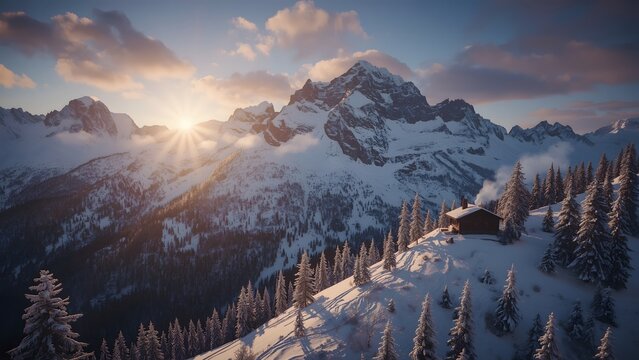 Winter mountain sunrise with snow covered peaks frozen waterfall ski lift alpine village pine trees and wooden cabin chimney smoke