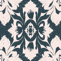 Ikat abstract blue floral pattern. Vector ethnic whimsical all over flowers seamless pattern. Ikat floral damask pattern use for fabric, textile, home decoration elements, upholstery, wrapping, etc.