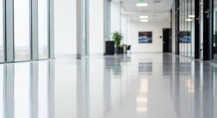 Clean reflective office building walkway after professional floor care and cleaning service.