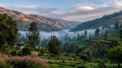 Misty valley, terraced tea fields, sunrise