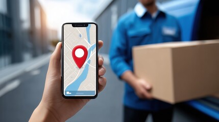 Delivery person using a smartphone to track package location in an urban area during late afternoon