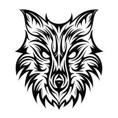 Stylized wolf head features intricate tribal patterns rendered in bold black on white background