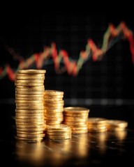 Gold coins stacked in steps against a blurred background of stock market charts