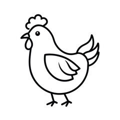 A minimalist black and white outline illustration of a chicken standing on two legs, facing left.