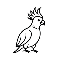 A minimalist black and white line drawing of a cockatoo with its crest raised, perched on a surface.