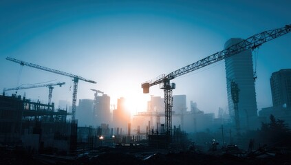 Silhouette of construction cranes over a cityscape at sunrise
