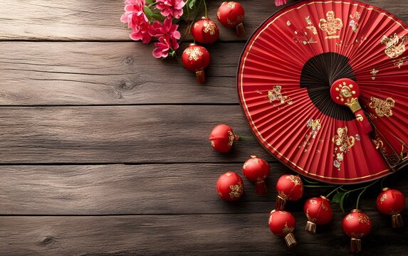 Chinese New Year Festive Decor, Red Fan, Lanterns, Flowers on Wood - Powered by Adobe