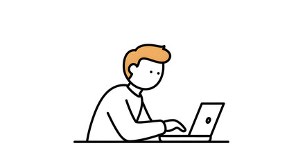 A minimalist line art illustration of a young man focused on typing and working on his laptop computer against a white background.