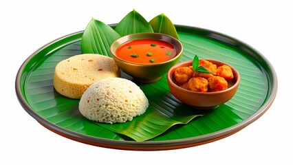 Indian meal with rice, vegetable curry, and steamed bread served on a banana leaf platter