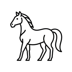 A minimalist black and white line art illustration of a horse in profile, showcasing its elegant form and flowing mane and tail.